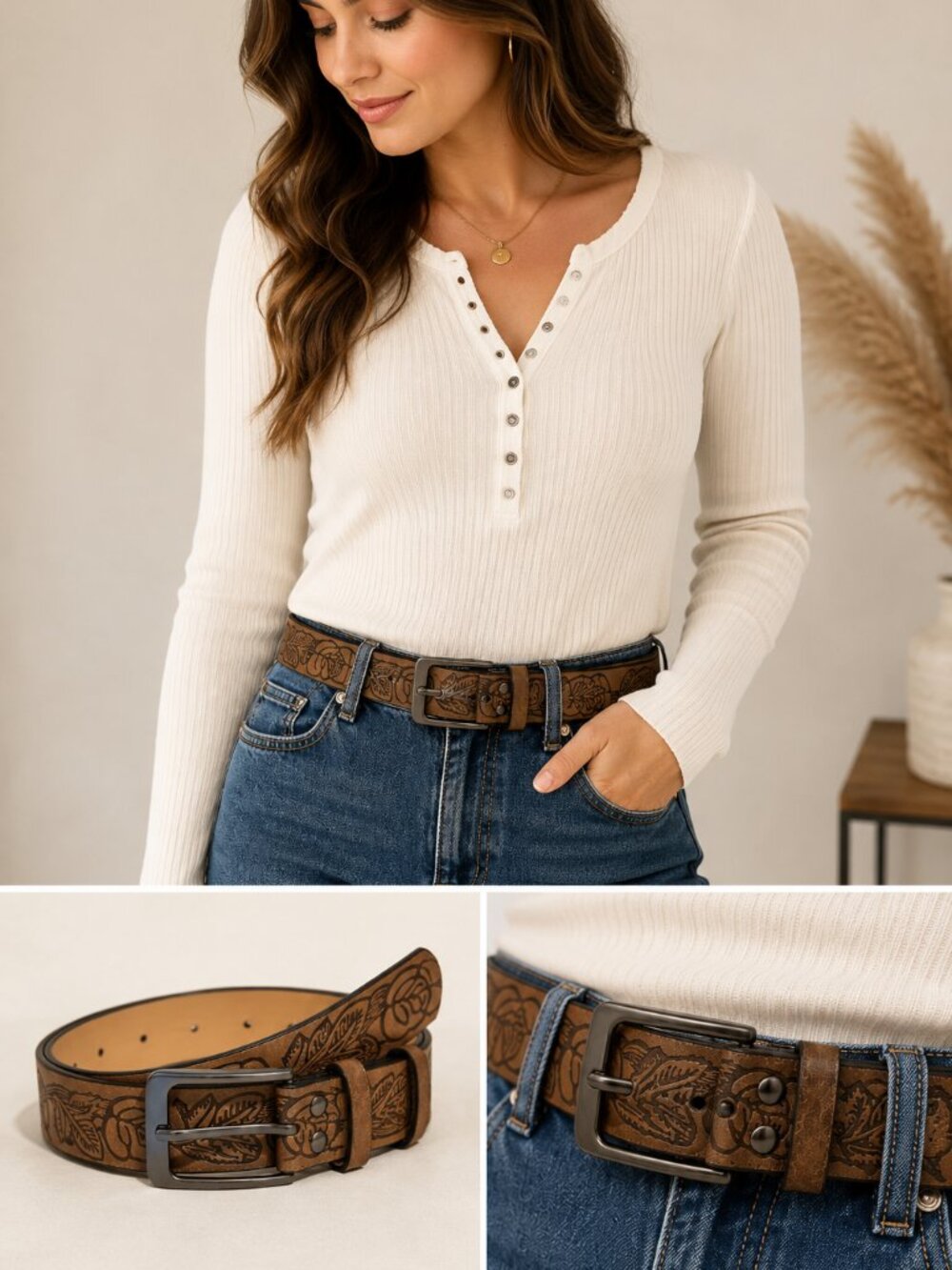 Brown Floral Embossed Faux Leather Belt Western Boho Vintage Women's Waist Belt